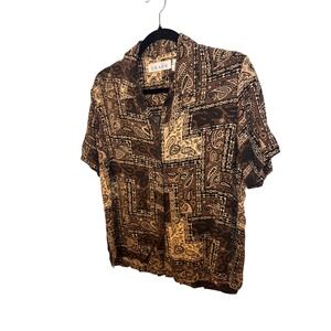 CHAUS Womens Short Sleeve Button Down Shirt Brown Paisley Print 6 Camp Shirt